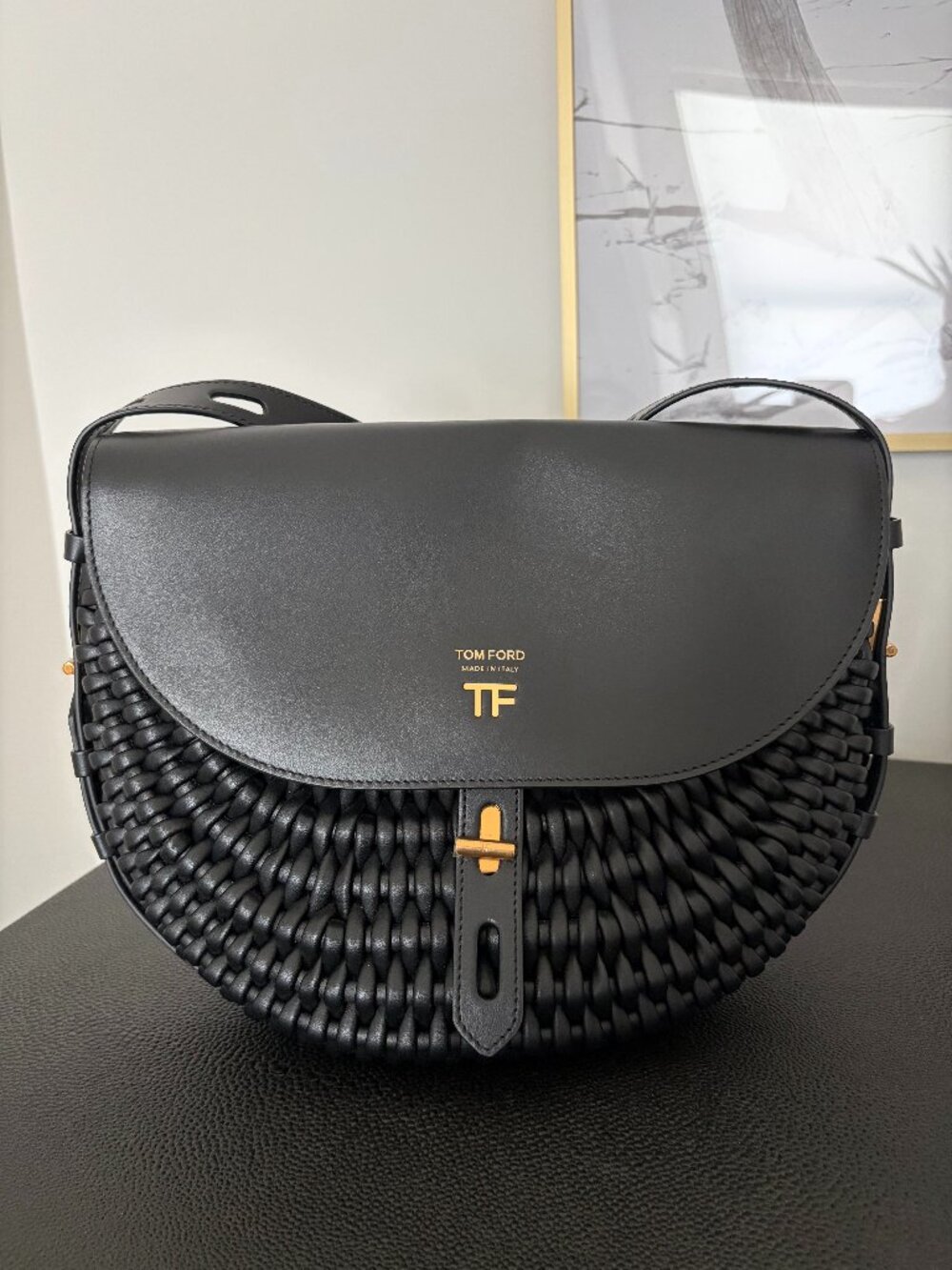 Tom Ford Woven T Twist Small Crossbody Saddle Bag Black Leather Gold NWT Auth